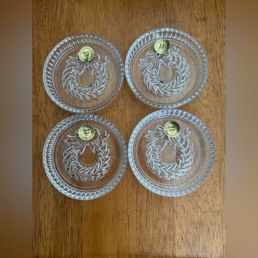 Princess House #899 Lead Crystal Set of 4 Coasters with Christmas Wreaths NEW